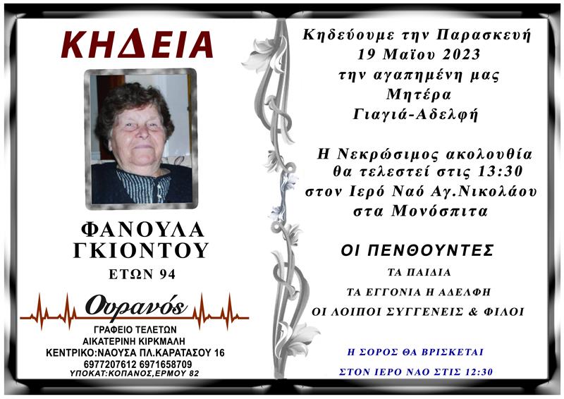 ΚΟΙΝΩΝΙΚΑ: Απεβίωσε η ΦΑΝΟΥΛΑ ΓΚΙΟΝΤΟΥ   