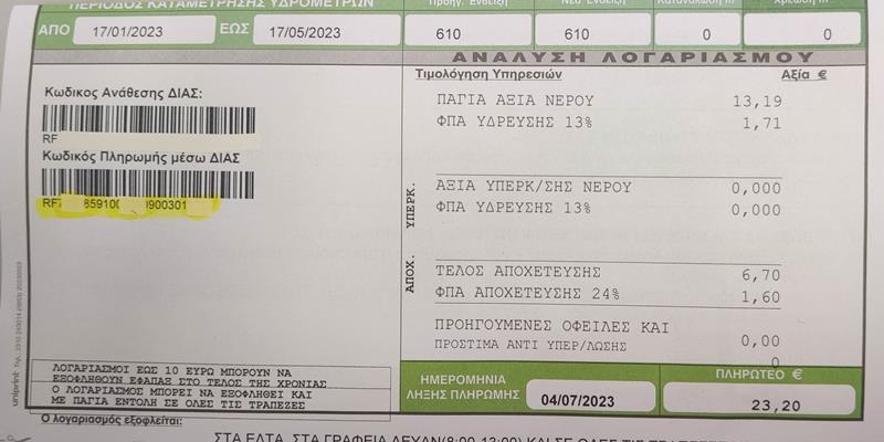 Η ΔΕΥΑΝ απέκτησε κωδικό πληρωμής RF 