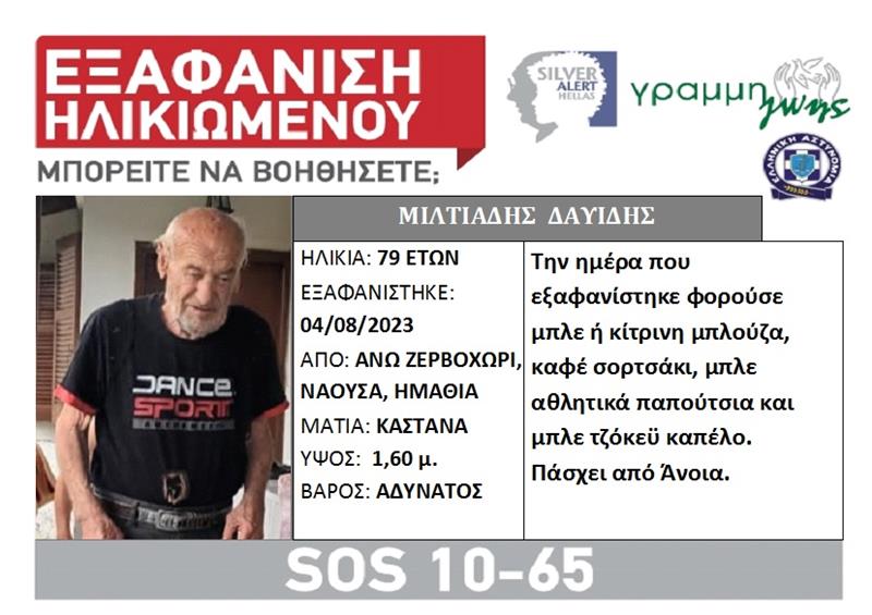 Silver Alert για τον Μιλτιάδη Δαυίδη, 79 ετών, από την περιοχή του άνω Ζερβοχωρίου Νάουσας