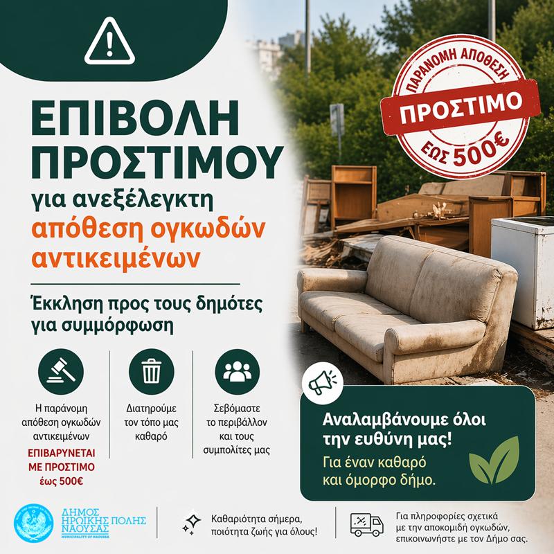 Επιβολή προστίμου για ανεξέλεγκτη απόθεση ογκωδών αντικειμένων – Έκκληση προς τους δημότες για συμμόρφωση  